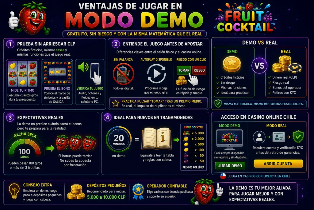 Infografía sobre el modo demo de Fruit Cocktail con consejos para principiantes y comparación entre demo y juego real.
